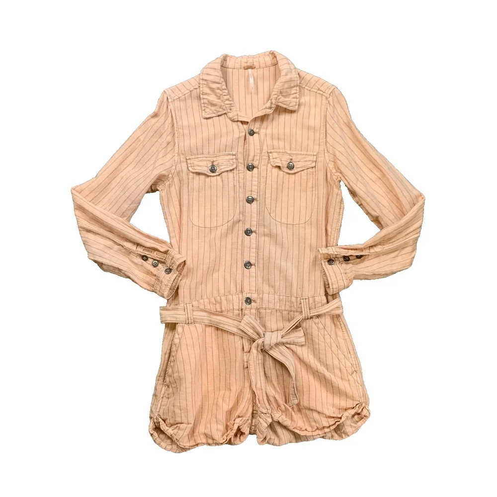 Free People Romper Womens S Small Draped Linen Cotton Blend Yarn Dye Striped